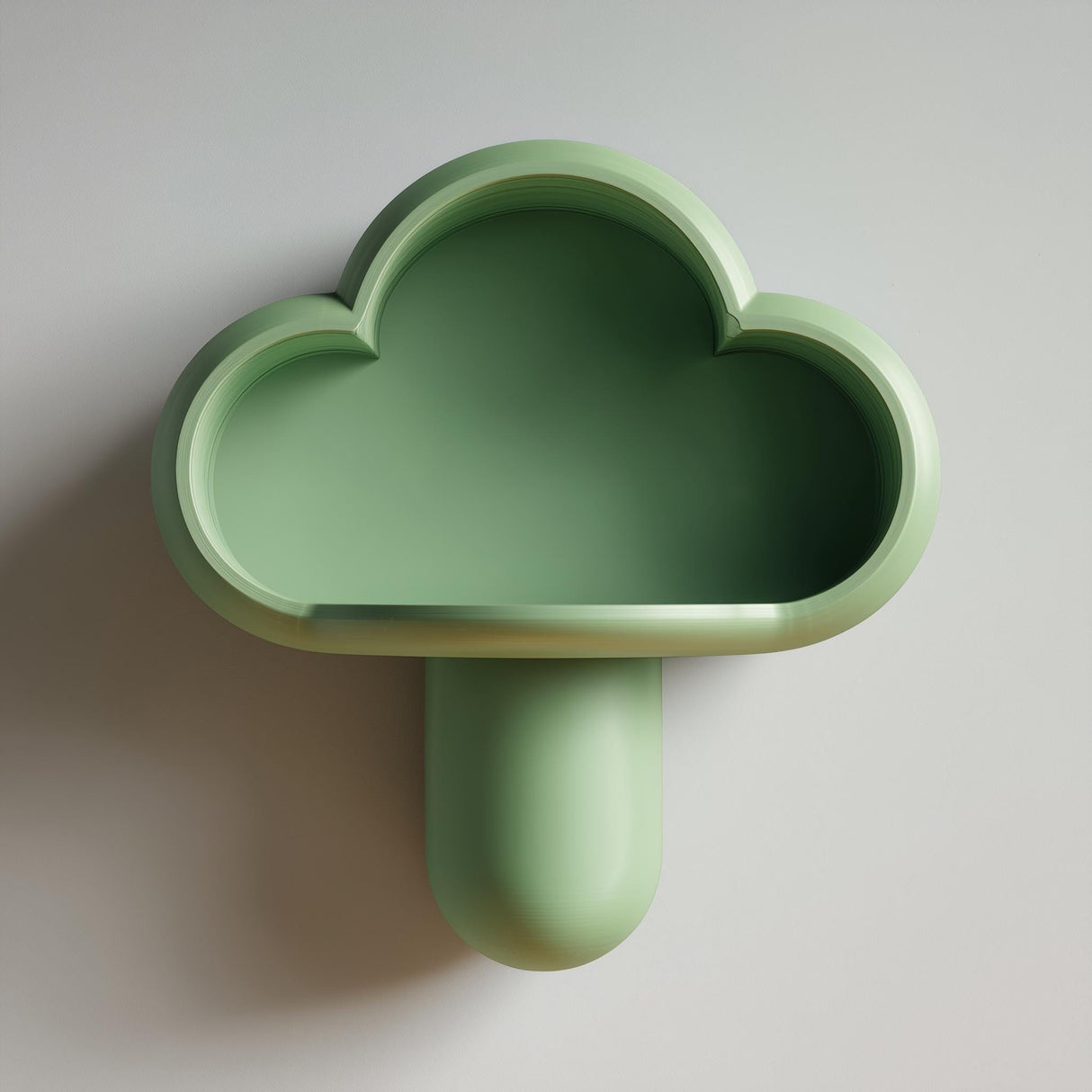 3D printed cloud-shaped wall mounted shelf with a recessed tray-style pocket and rounded edges, minimalist design mounted on a clean wall.