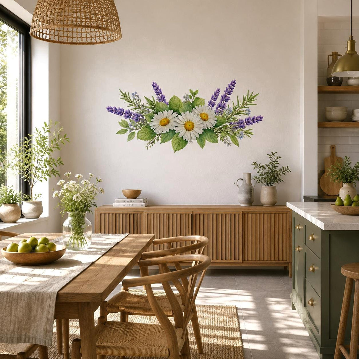 Daisy Lavender Wall Vinyl Decal | Watercolor Floral Bouquet Sticker | Rustic Farmhouse Kitchen Wall Art | Botanical Spring Decor