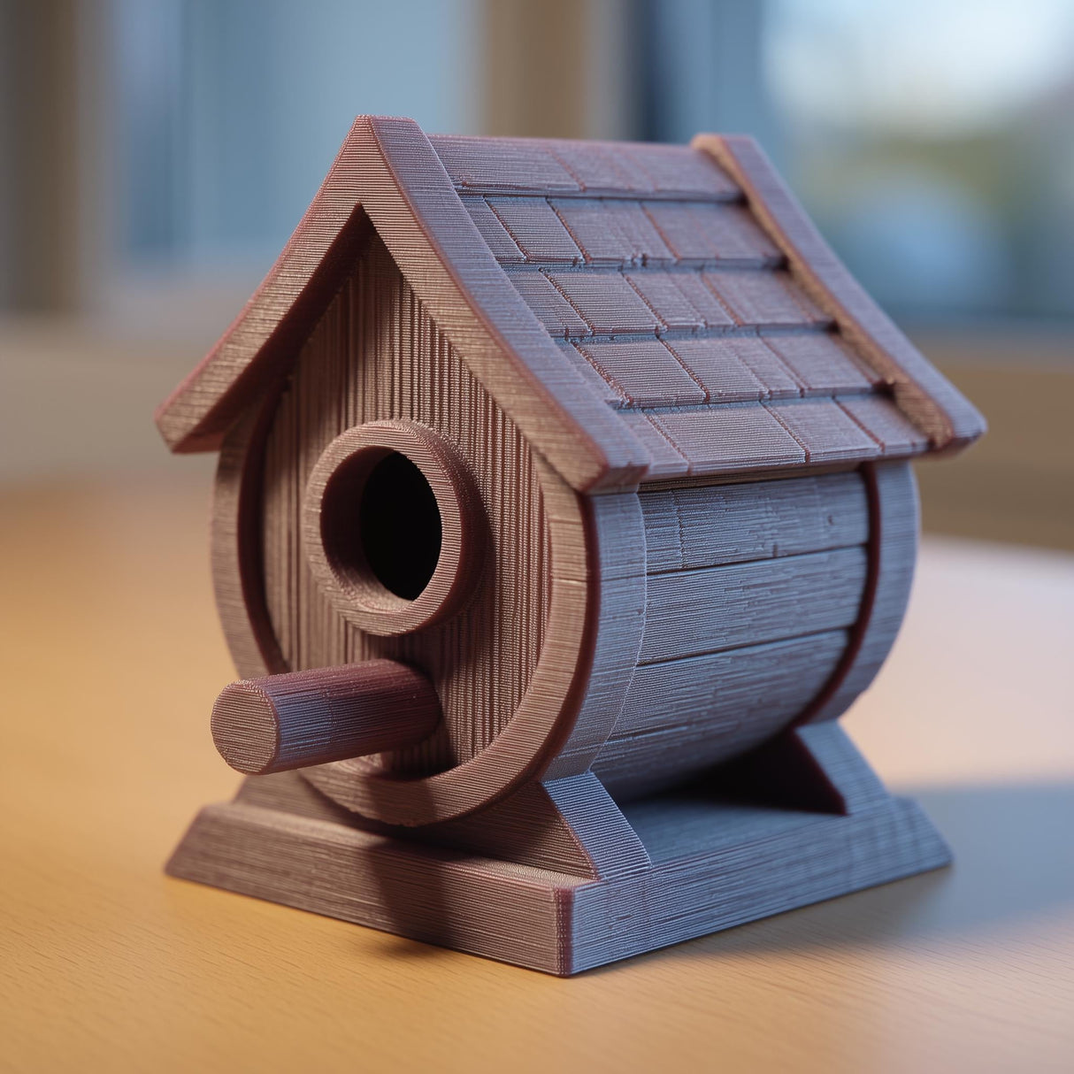3D printed rustic birdhouse decor with wood-style texture and perch displayed on a wooden desk in a cozy interior setting.
