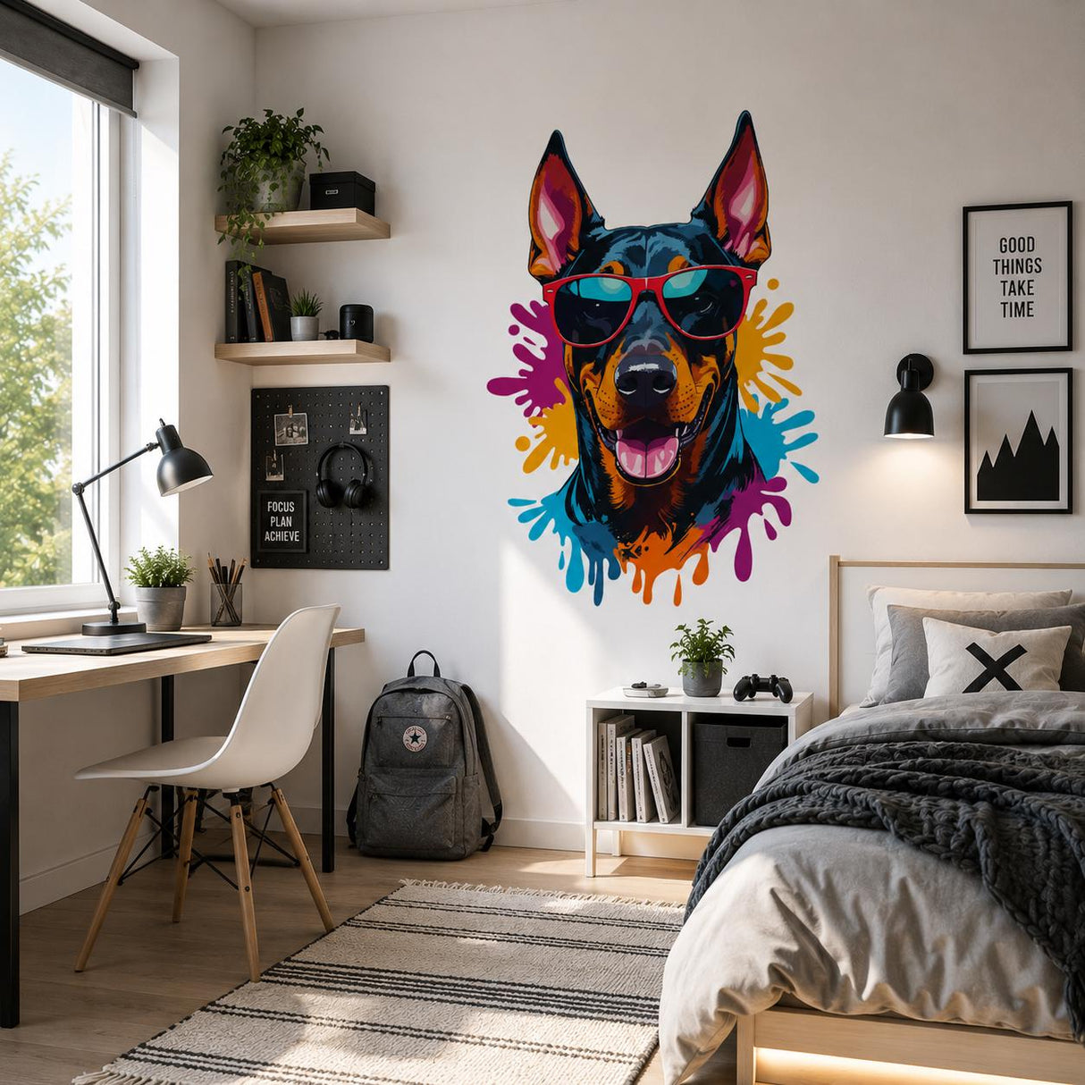 Cool Doberman Wall Vinyl Decal | Dog With Sunglasses Sticker | Color Splash Pop Art Wall Decor | Pet Lover Gift | Modern Kids Room Art