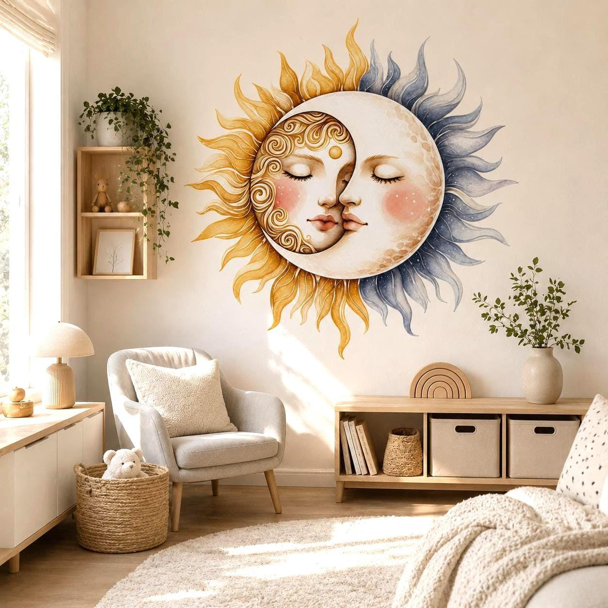 Sun and Moon Wall Vinyl Decal | Celestial Face Sticker | Boho Astrology Wall Art | Nursery Bedroom Living Room Decor | Watercolor Sky