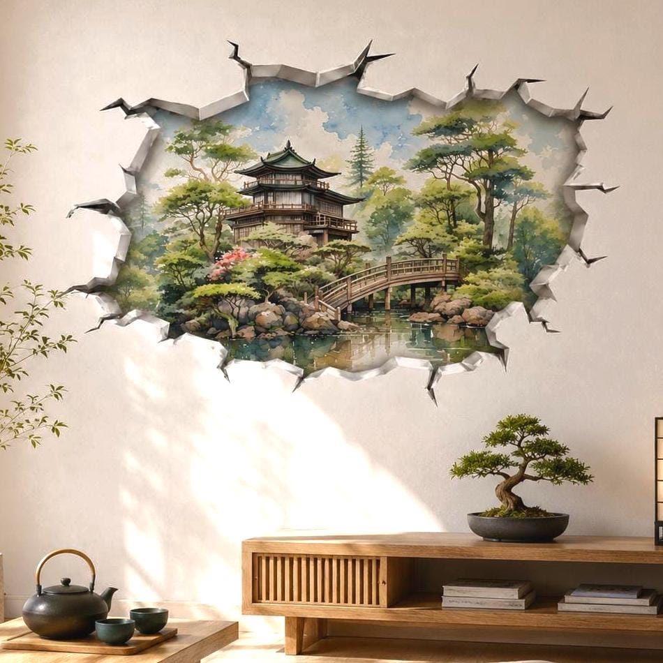 3D broken wall vinyl decal showing a watercolor Japanese garden with a pagoda, arched bridge, trees, and pond reflection inside a cracked wall opening.