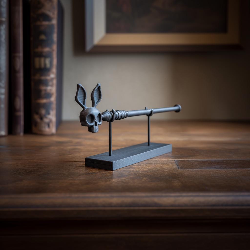 Rabbit Skull Magic Wand with Stand | 3D Printed Fantasy Wizard Wand Prop for Cosplay | Gothic Collector Decor Accessory for Adults Only