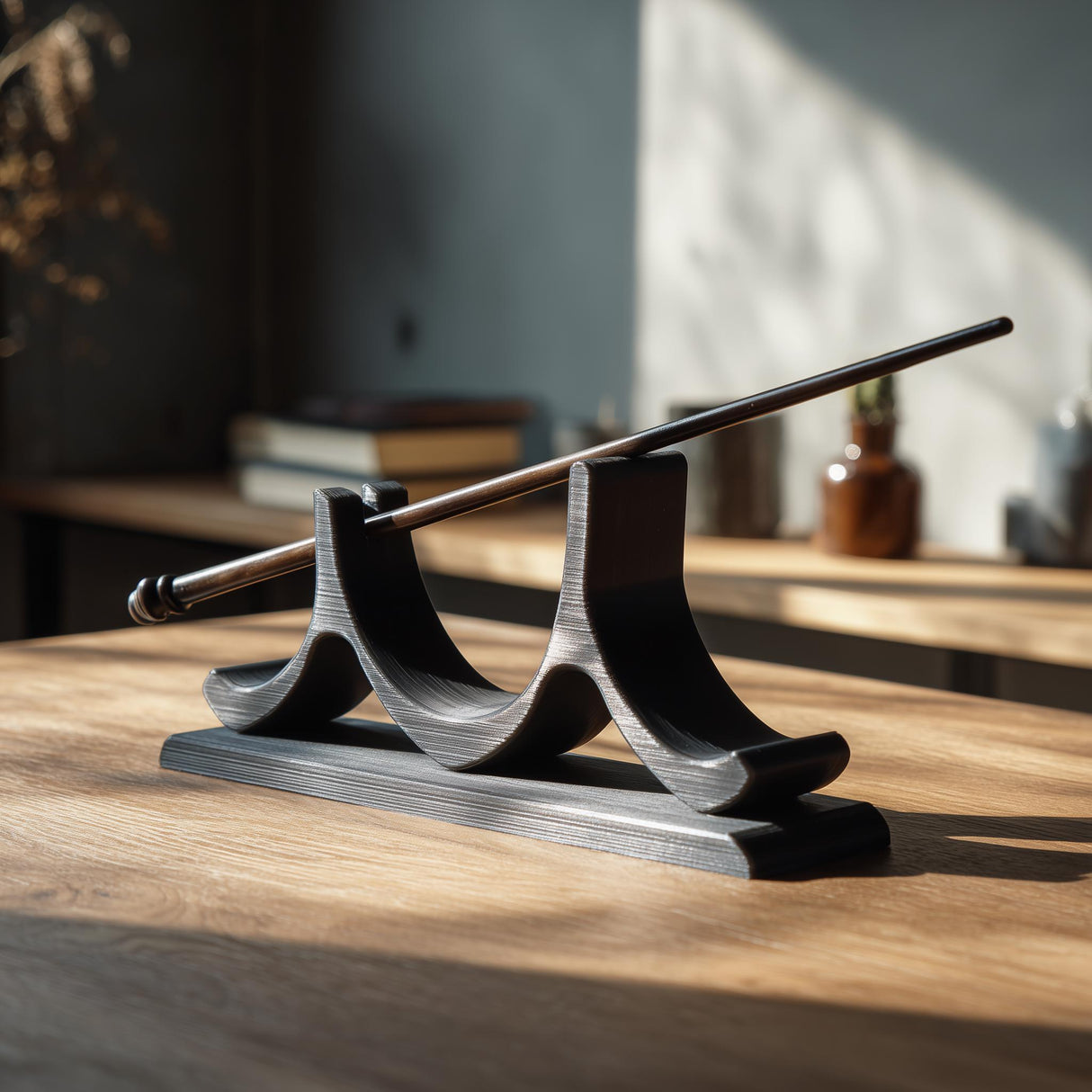 Minimalist 3D printed fantasy magic wand with sculptural black display stand on a wooden table in a warm modern interior.