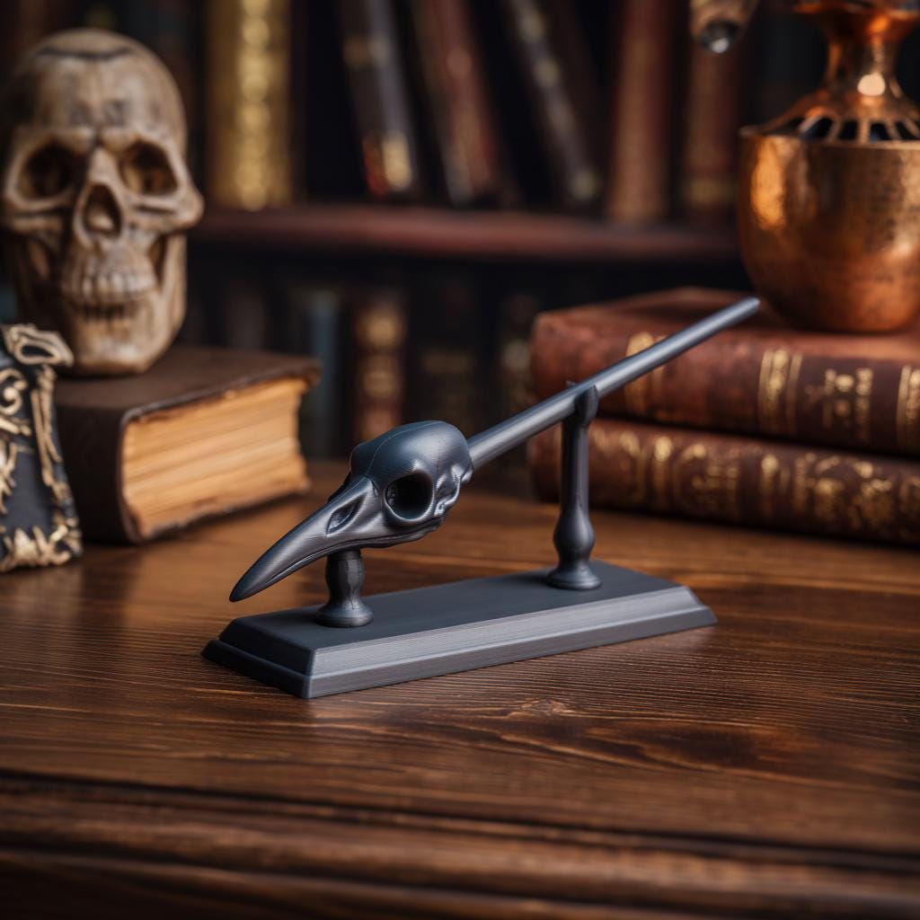 Raven Skull Magic Wand with Stand | 3D Printed Fantasy Wizard Wand Prop for Cosplay | Gothic Collector Decor Accessory for Adults