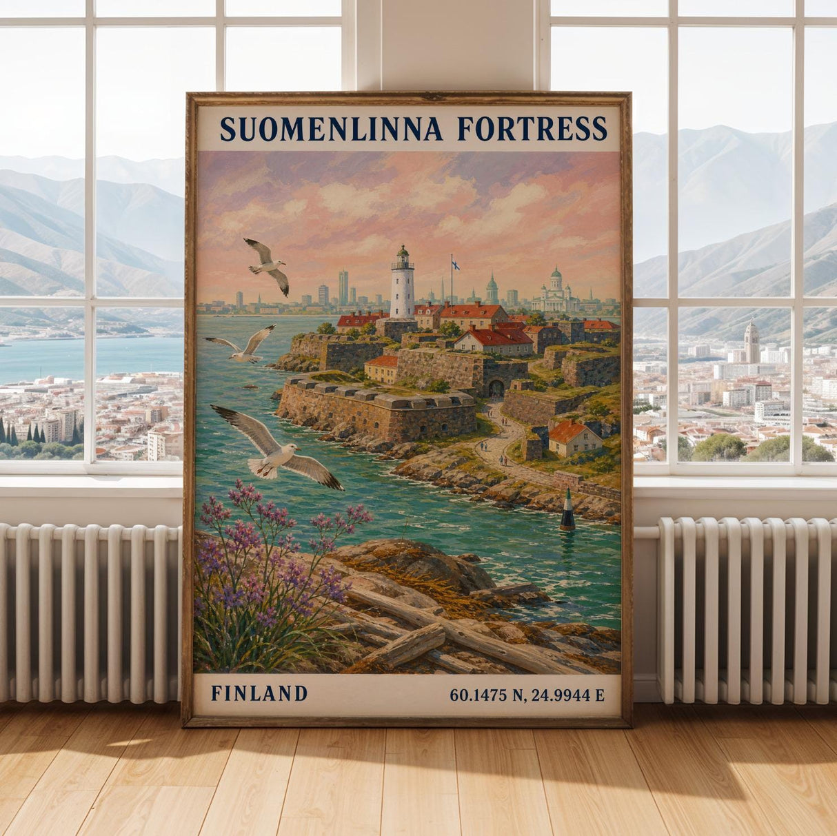 Suomenlinna Fortress Art Print - Modern Gouache, Teal and Turquoise Seascape