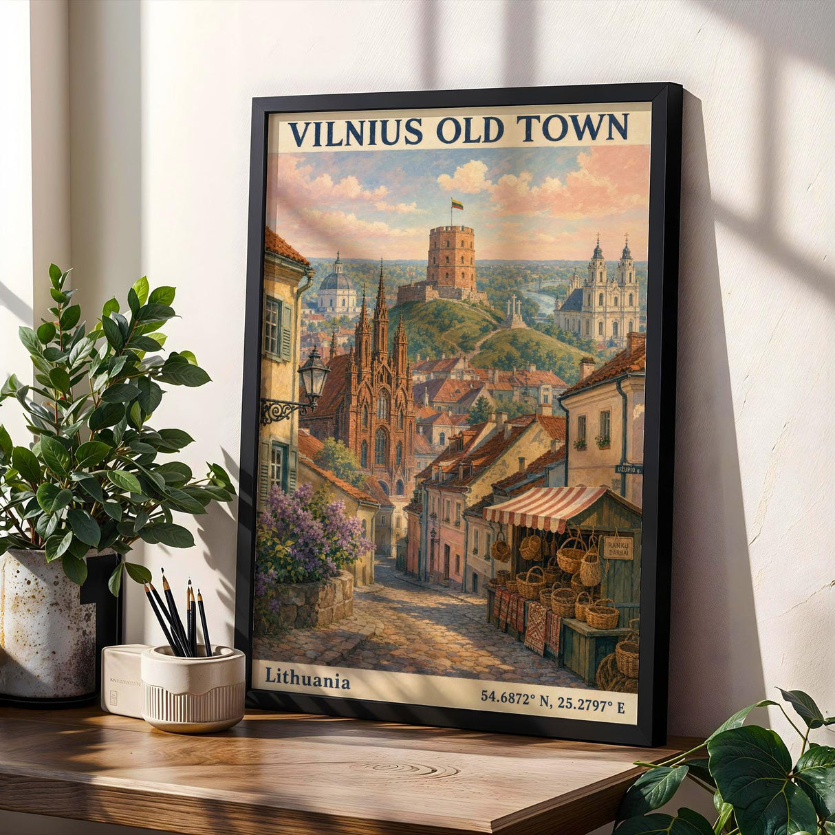 Vilnius Old Town Art Print - Modern Gouache-Vintage, Navy Blue and Terracotta Orange