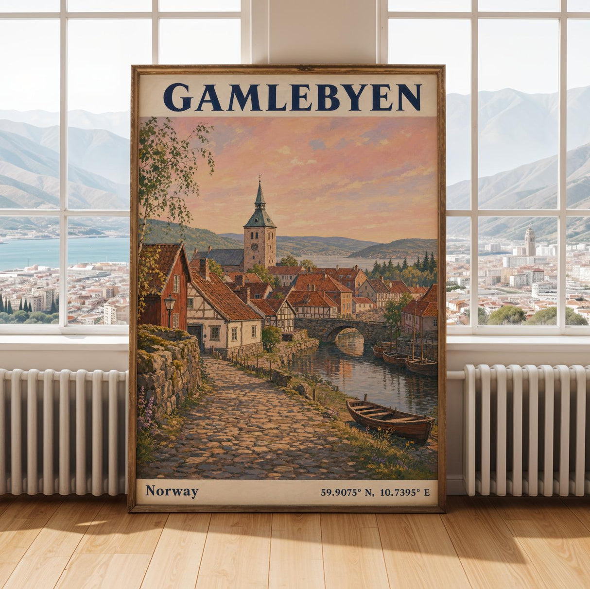 Gamlebyen Oslo Travel Poster | Vintage Norway Wall Art Print | Peach Blue River Cityscape | Church Tower Terracotta Roofs Decor