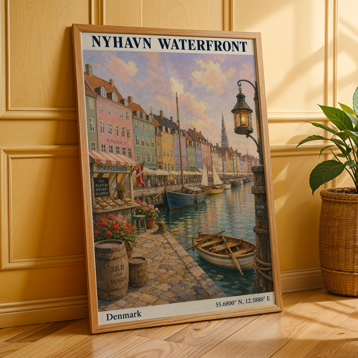 Nyhavn Copenhagen Travel Poster | Modern Denmark Wall Art Print | Navy Blue Waterfront Cityscape | Scandinavian Harbor Decor