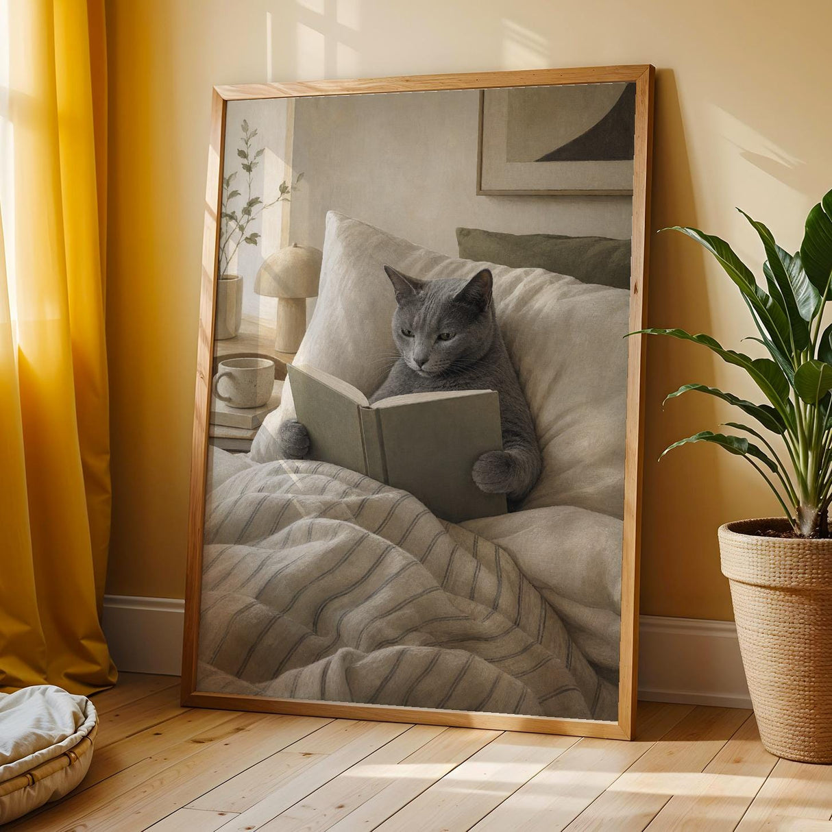 Russian Blue Cat Reading in Bed Poster | Modern Gouache Cat Wall Art | Warm Beige Neutral Decor | Cozy Minimalist Bedroom Print