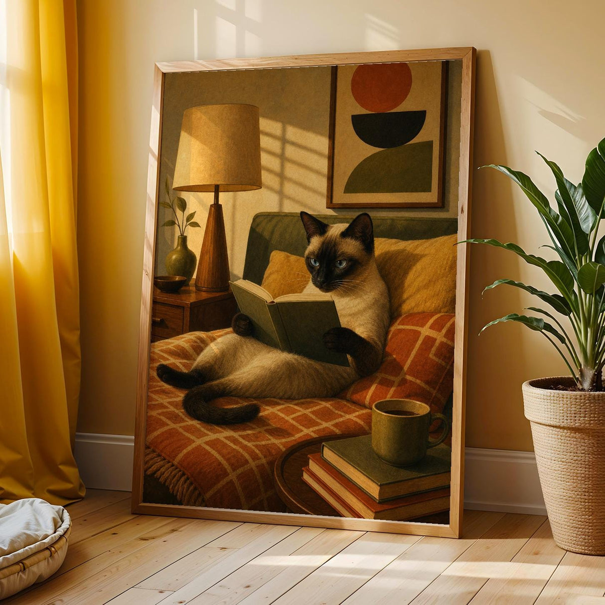 Siamese Cat Reading in Bed Poster | Modern Minimalist Cat Wall Art | Neutral Contemporary Living Room Print | Cozy Bedroom Home Decor