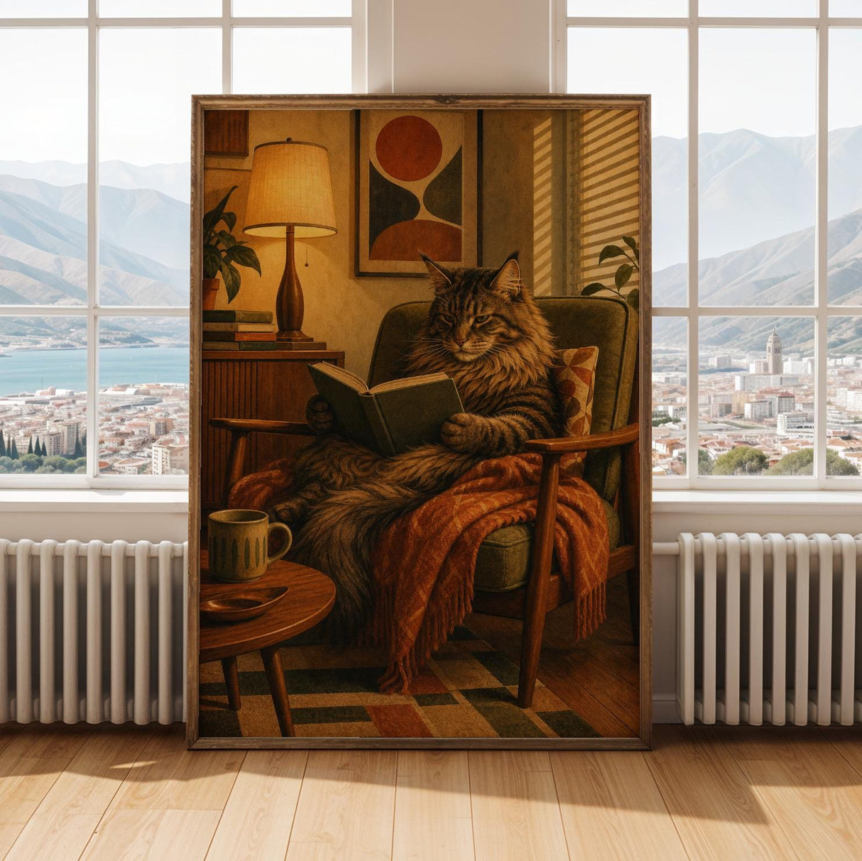 Maine Coon Reading in Armchair Poster | Retro Modern Cat Wall Art | Burnt Orange Walnut Brown Decor | Cozy Mid Century Office Print