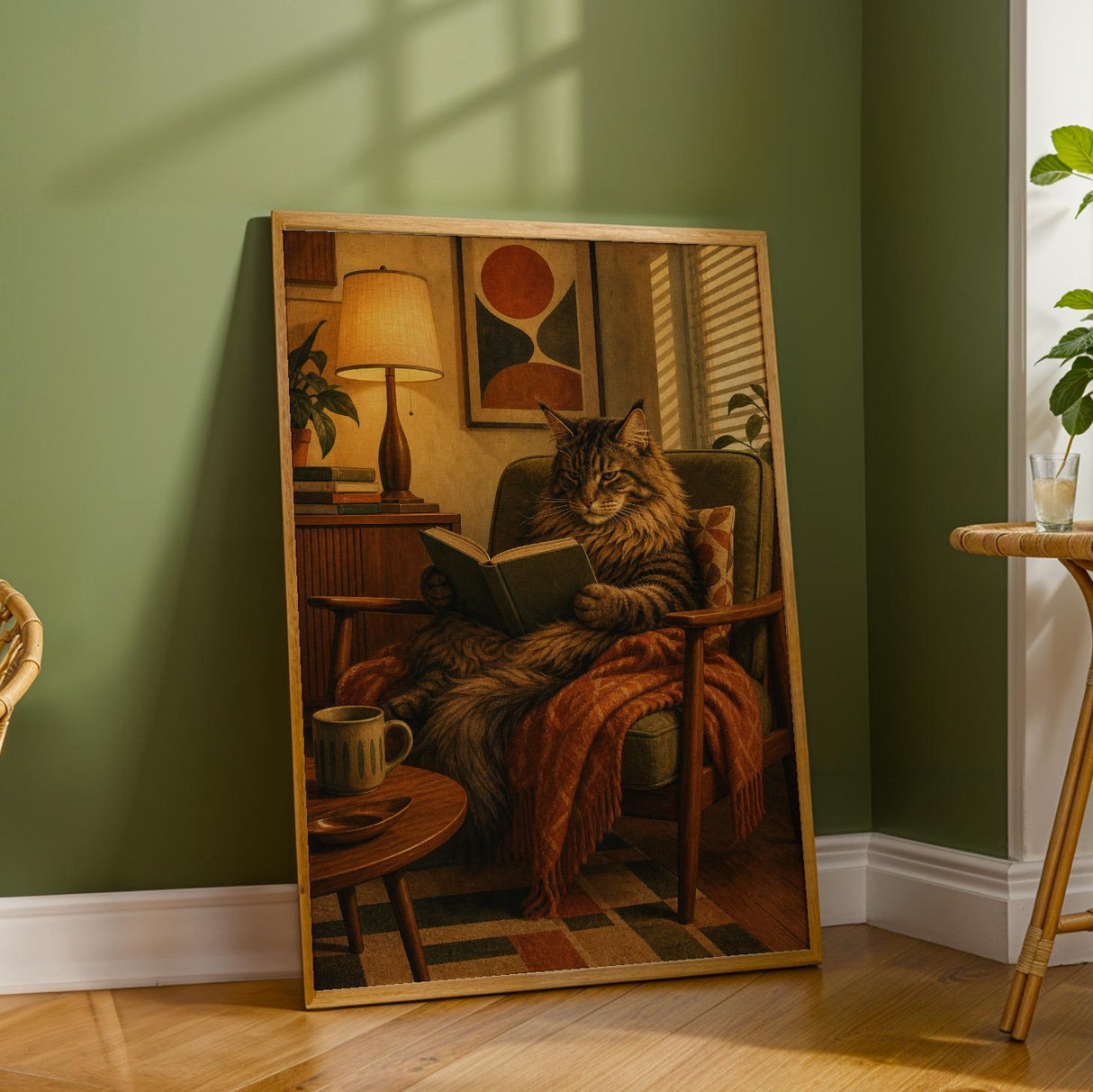 Maine Coon Reading in Armchair Poster | Retro Modern Cat Wall Art | Burnt Orange Walnut Brown Decor | Cozy Mid Century Office Print