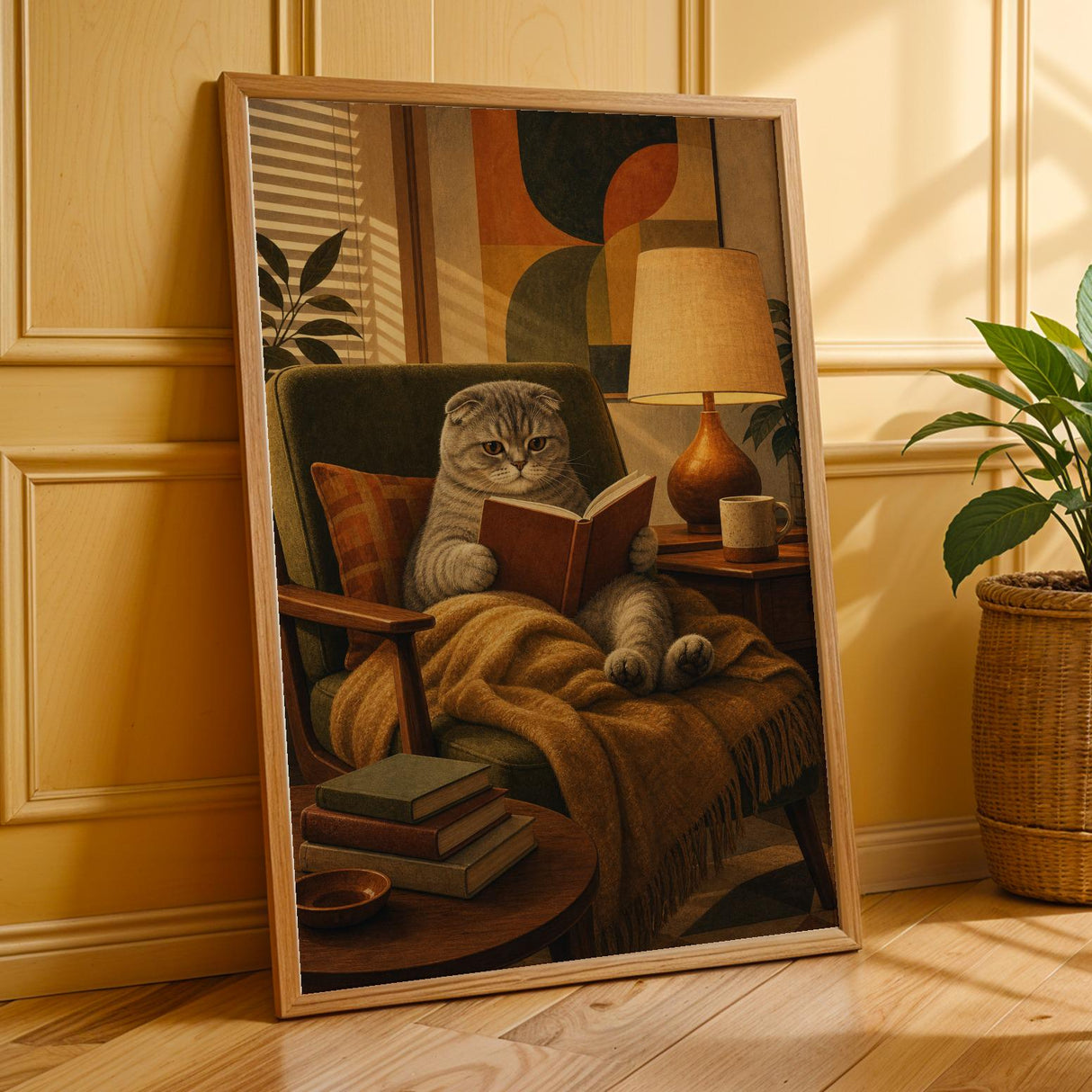 Scottish Fold Cat Reading in Armchair Poster | Mid Century Modern Cat Wall Art Decor | Cozy Retro Living Room Print | Cat Lover Gift
