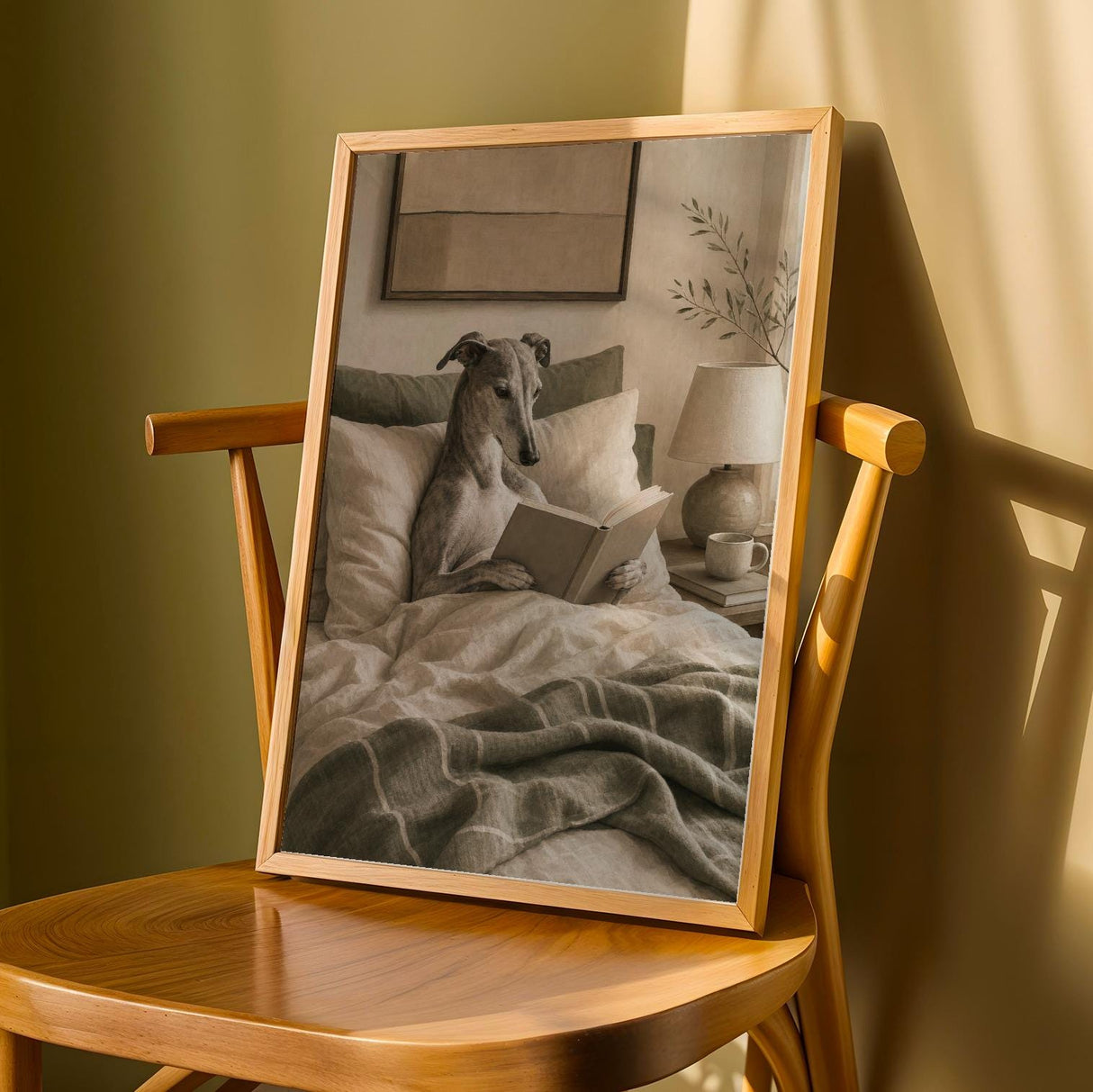 Greyhound Dog Reading In Bed Art Print - Soft Gouache, Warm Beige and Oat Milk