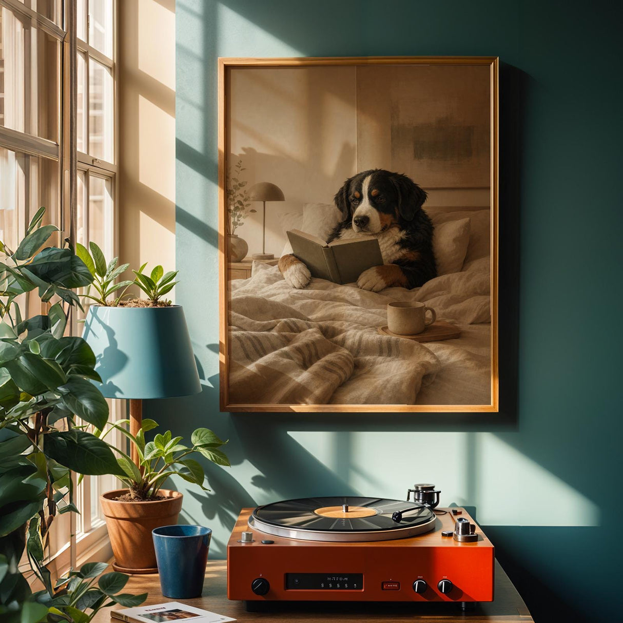 Bernese Mountain Dog Reading in Bed Poster | Modern Gouache Dog Wall Art | Warm Oat Milk Beige Decor | Scandinavian Bedroom Print