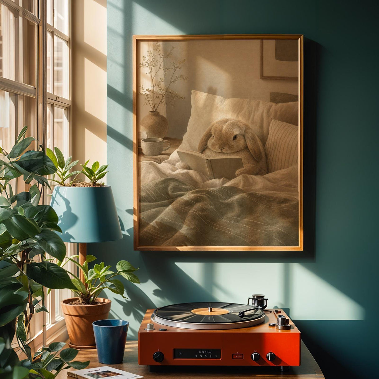 Mini Lop Rabbit Reading in Bed Poster | Modern Gouache Bunny Wall Art | Warm Beige Dusty Sage Decor | Cozy Scandinavian Bedroom Print