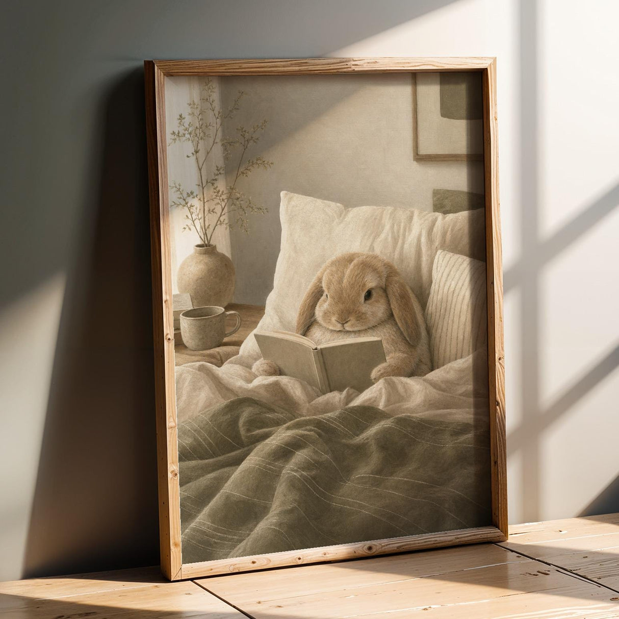 Mini Lop Rabbit Reading in Bed Poster | Modern Gouache Bunny Wall Art | Warm Beige Dusty Sage Decor | Cozy Scandinavian Bedroom Print