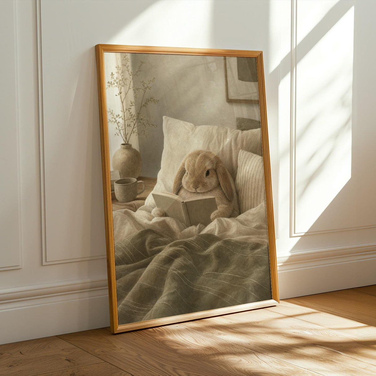 Mini Lop Rabbit Reading in Bed Poster | Modern Gouache Bunny Wall Art | Warm Beige Dusty Sage Decor | Cozy Scandinavian Bedroom Print