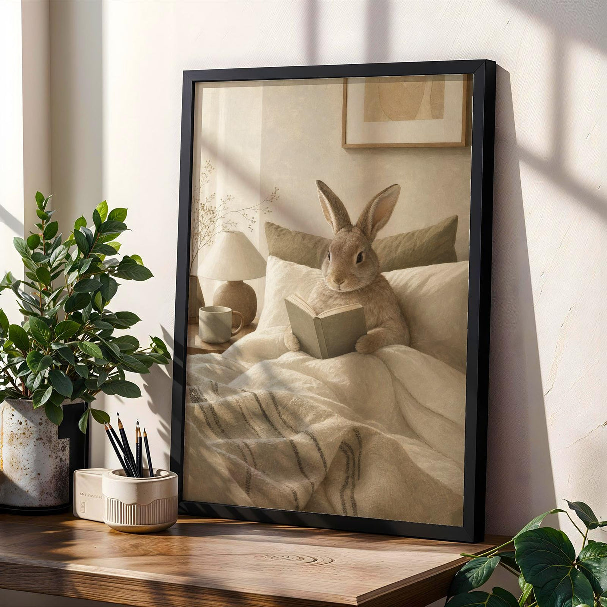Californian Rabbit Reading in Bed Poster | Modern Gouache Bunny Wall Art | Warm Beige Oat Milk Decor | Cozy Scandinavian Bedroom Print