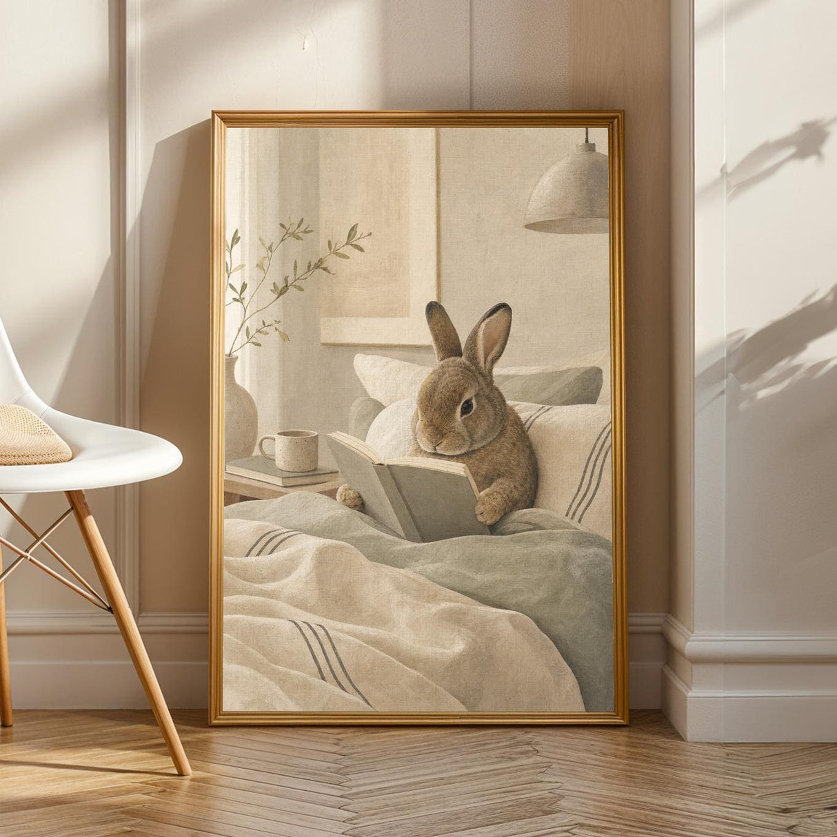 Mini Rex Rabbit Reading in Bed Poster | Scandinavian Gouache Bunny Wall Art | Warm Beige Oat Milk Decor | Cozy Nordic Bedroom Print