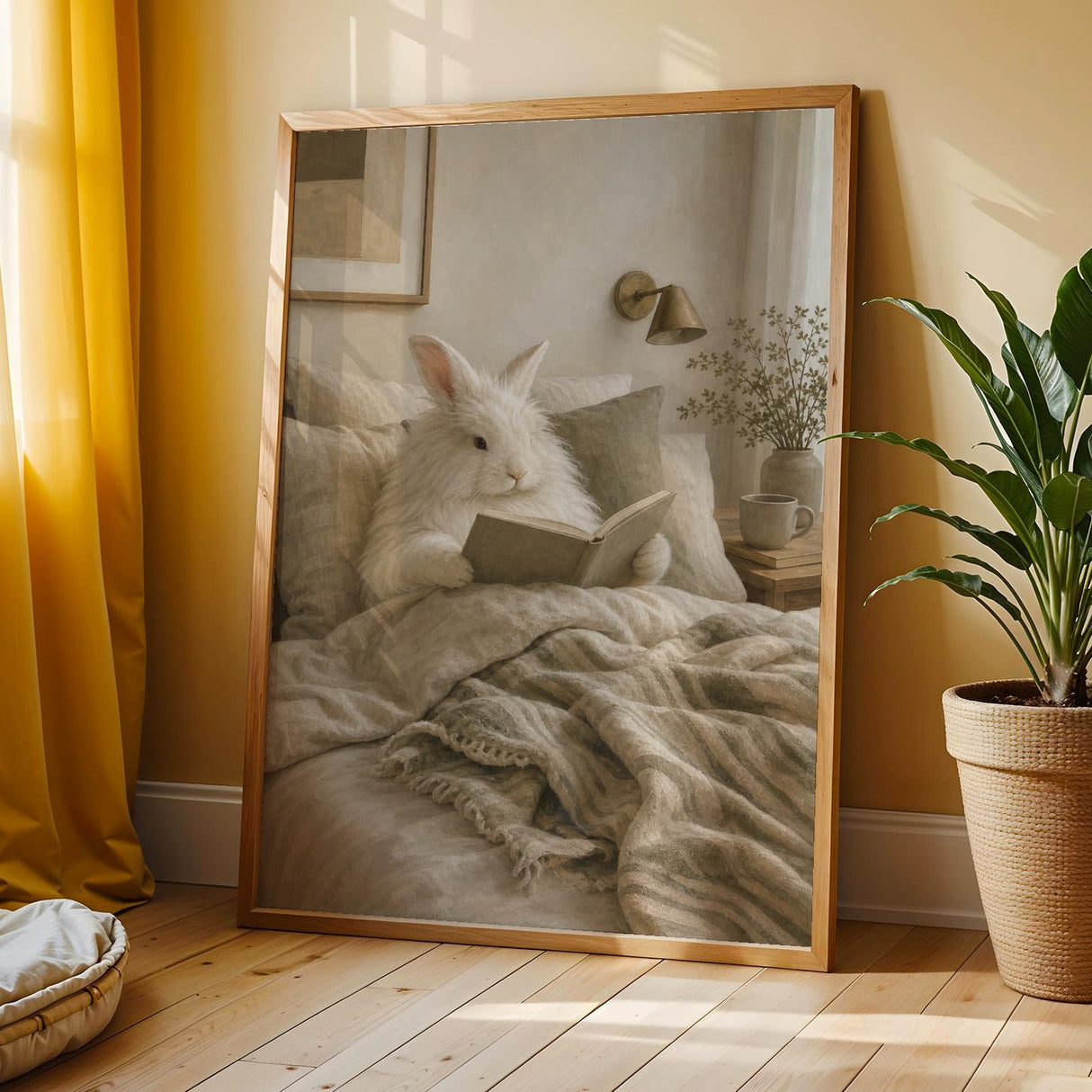 Angora Rabbit Reading in Bed Poster | Scandinavian Gouache Bunny Wall Art | Warm Neutral Nordic Decor | Cozy Minimalist Living Room Print