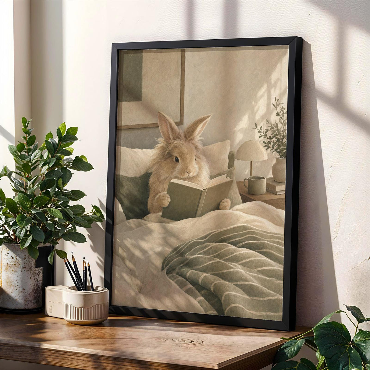 Lionhead Rabbit Reading in Bed Poster | Modern Gouache Bunny Wall Art | Warm Neutral Bedroom Decor Print | Cozy Minimalist Nook Art