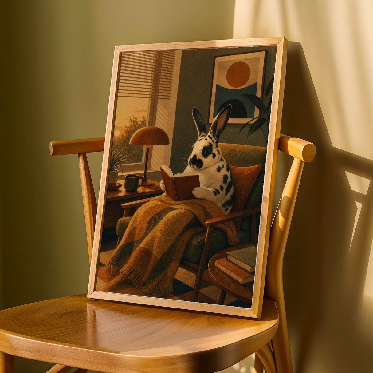 Harlequin Rabbit Reading in Armchair Poster | Retro Modern Bunny Wall Art Decor | Cozy Mid Century Living Room Print