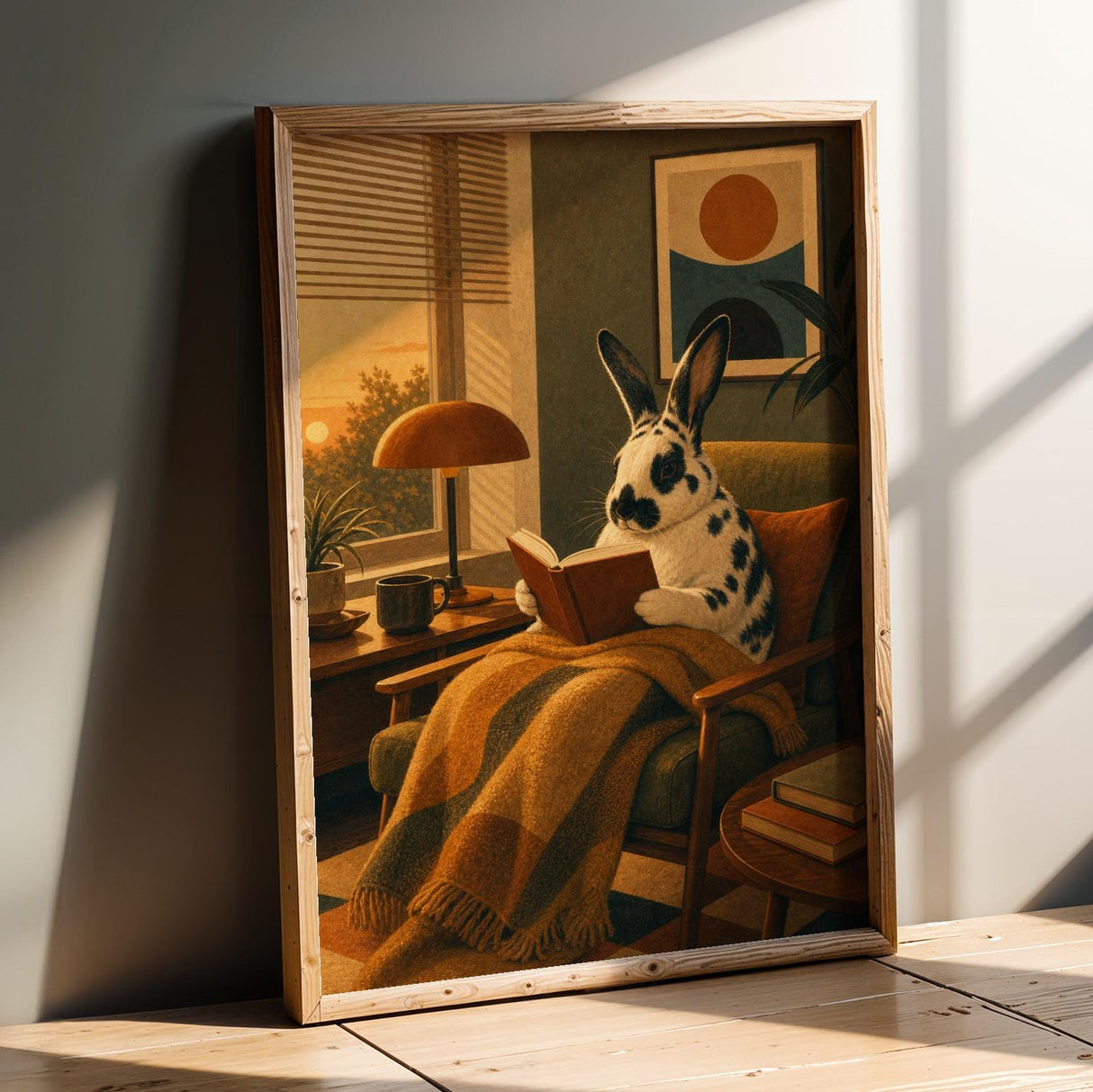 Harlequin Rabbit Reading in Armchair Poster | Retro Modern Bunny Wall Art Decor | Cozy Mid Century Living Room Print