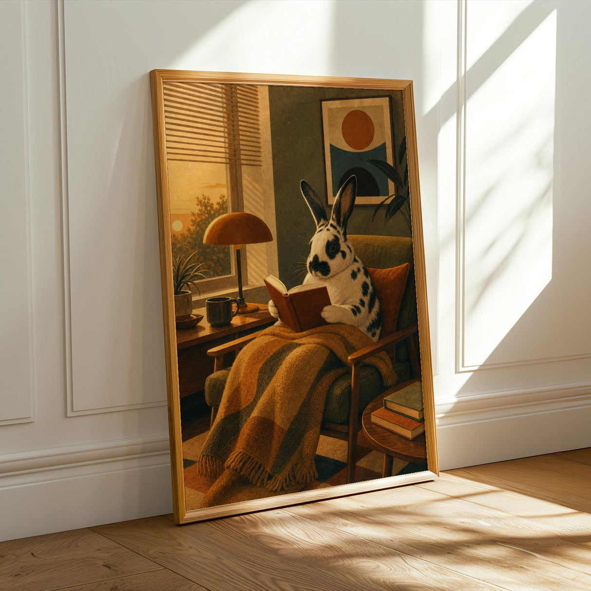 Harlequin Rabbit Reading in Armchair Poster | Retro Modern Bunny Wall Art Decor | Cozy Mid Century Living Room Print