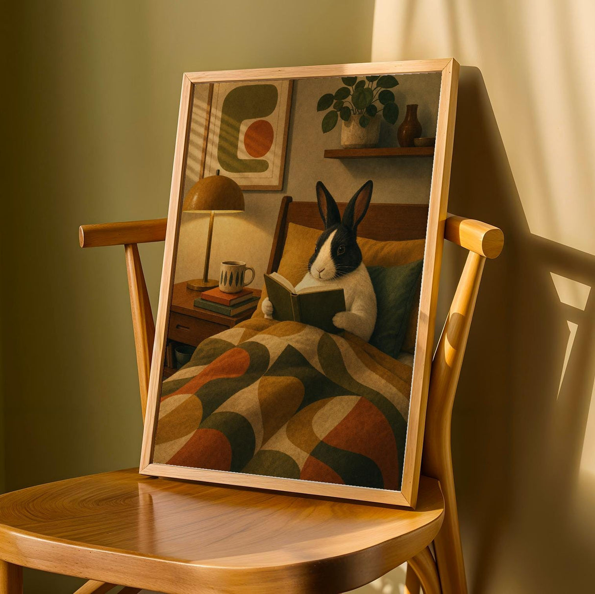 Dutch Rabbit Reading in Armchair Poster | Mid Century Retro Bunny Wall Art | Yellow Green Decor | Cozy Modern Living Room Print