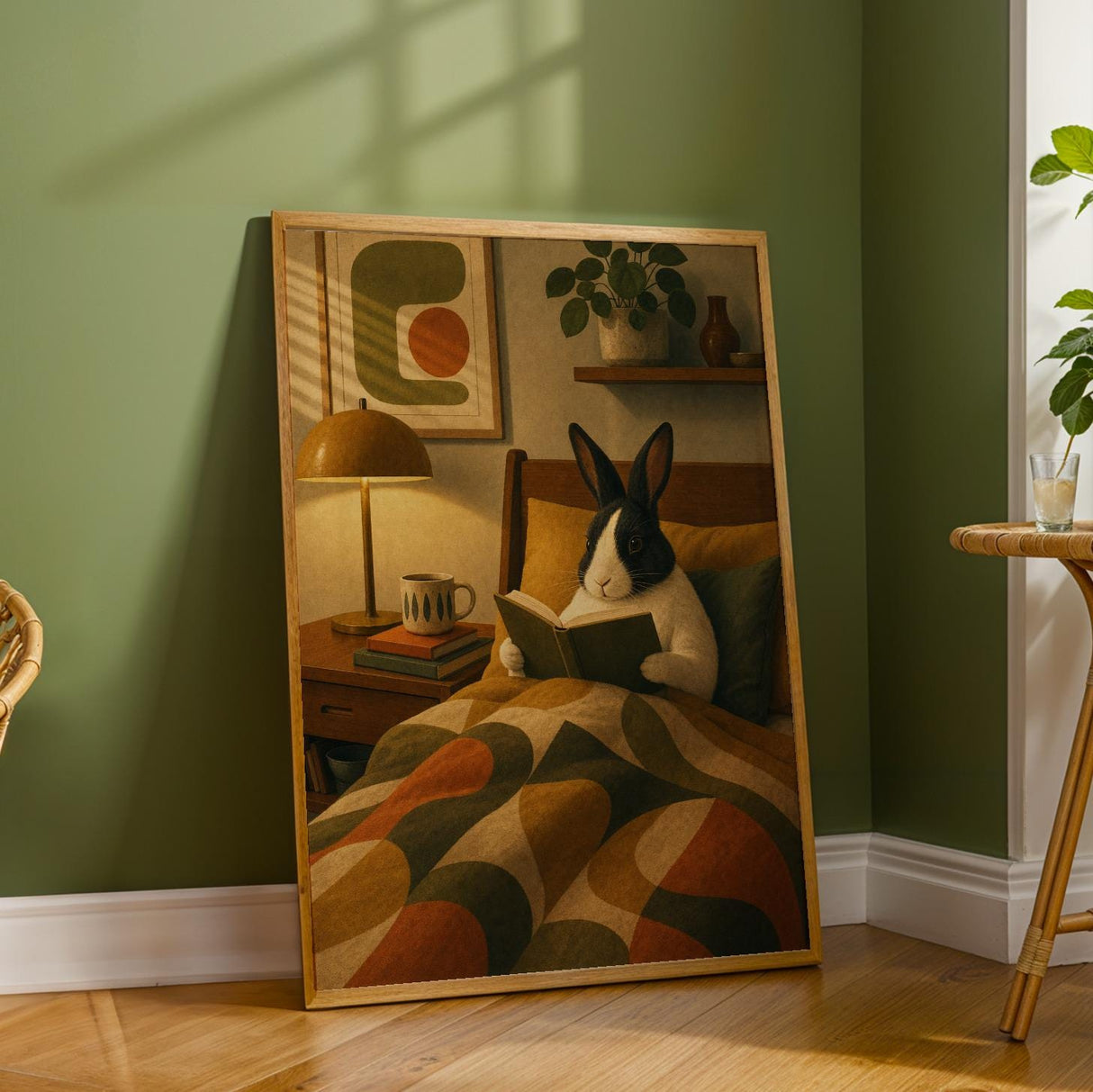 Dutch Rabbit Reading in Armchair Poster | Mid Century Retro Bunny Wall Art | Yellow Green Decor | Cozy Modern Living Room Print