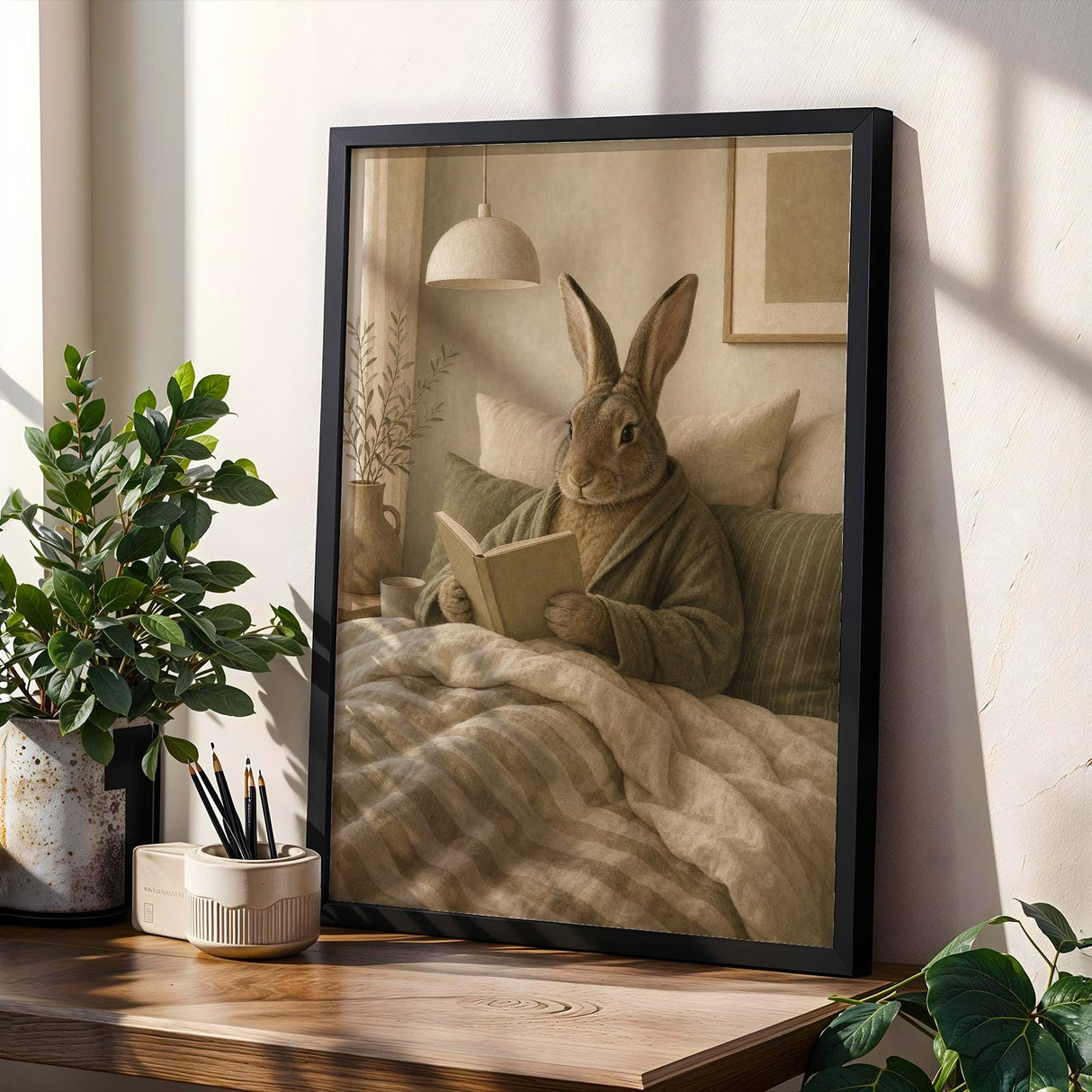 Flemish Rabbit Reading in Bed Poster | Nordic Gouache Bunny Wall Art | Warm Oat Milk Neutral Decor | Cozy Minimalist Bedroom Print