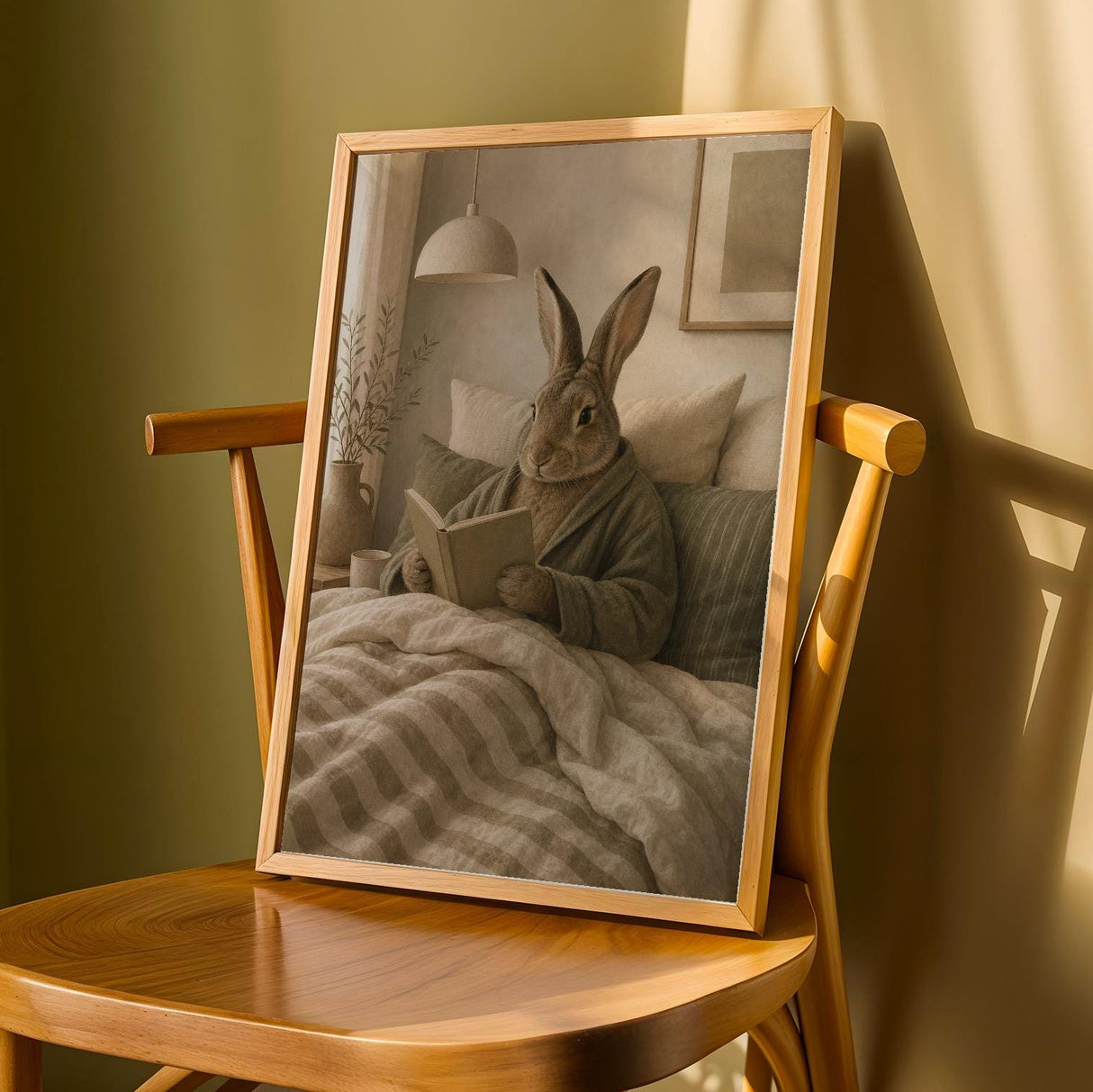 Flemish Rabbit Reading in Bed Poster | Nordic Gouache Bunny Wall Art | Warm Oat Milk Neutral Decor | Cozy Minimalist Bedroom Print