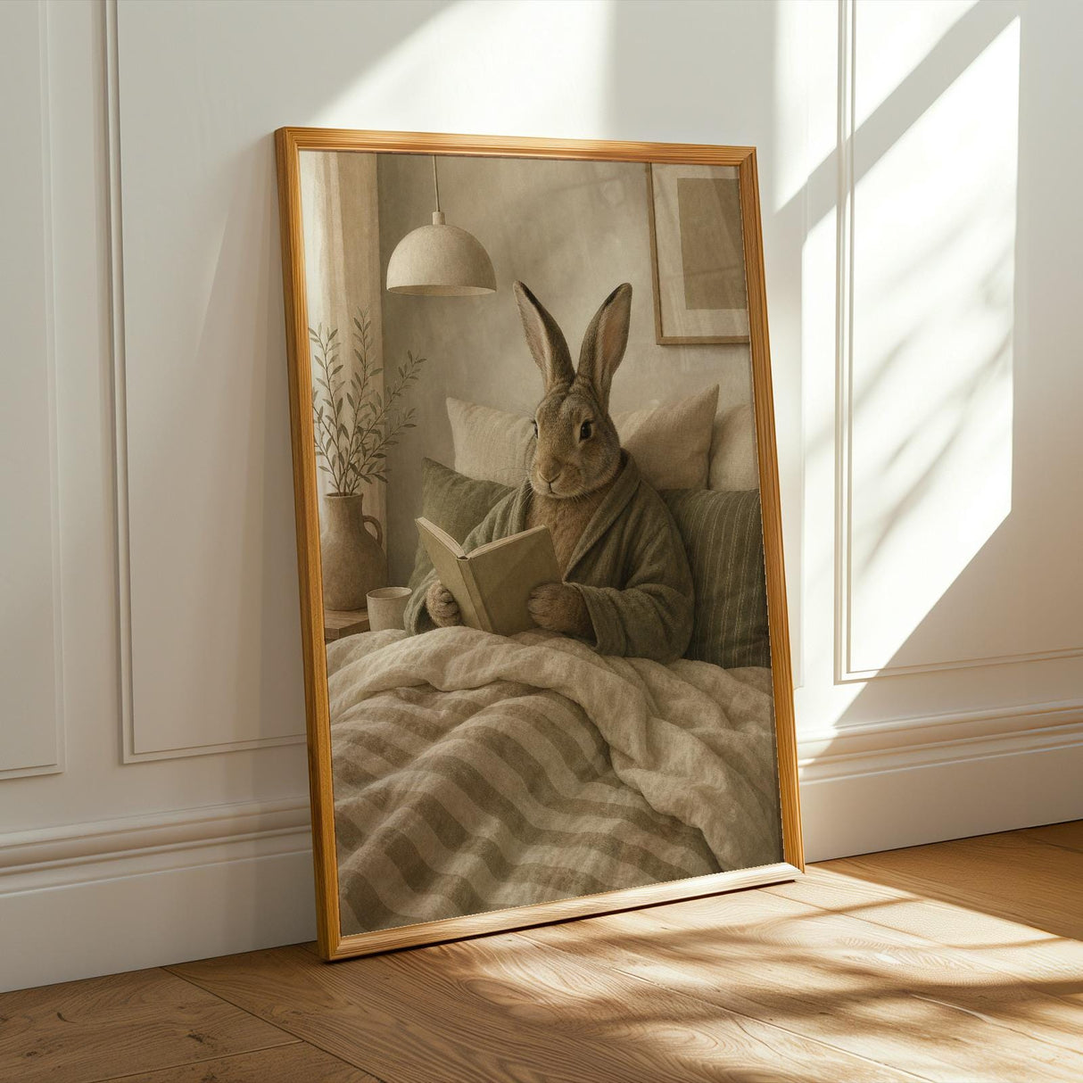 Flemish Rabbit Reading in Bed Poster | Nordic Gouache Bunny Wall Art | Warm Oat Milk Neutral Decor | Cozy Minimalist Bedroom Print