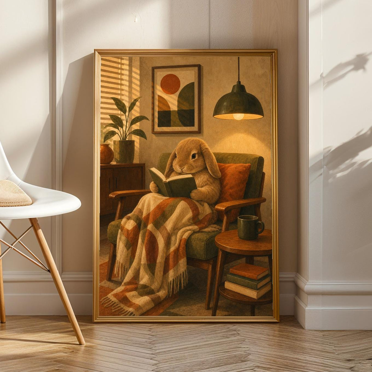 Mini Lop Rabbit Reading in Armchair Poster | Retro Modern Bunny Wall Art | Orange Olive Green Decor | Cozy Mid Century Living Room Print