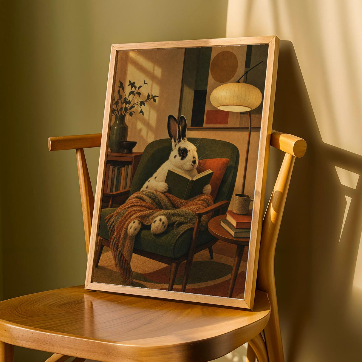English Spot Rabbit Reading in Armchair Poster | Modern Bunny Wall Art | Green Warm Cream Decor | Cozy Reading Nook Living Room Print