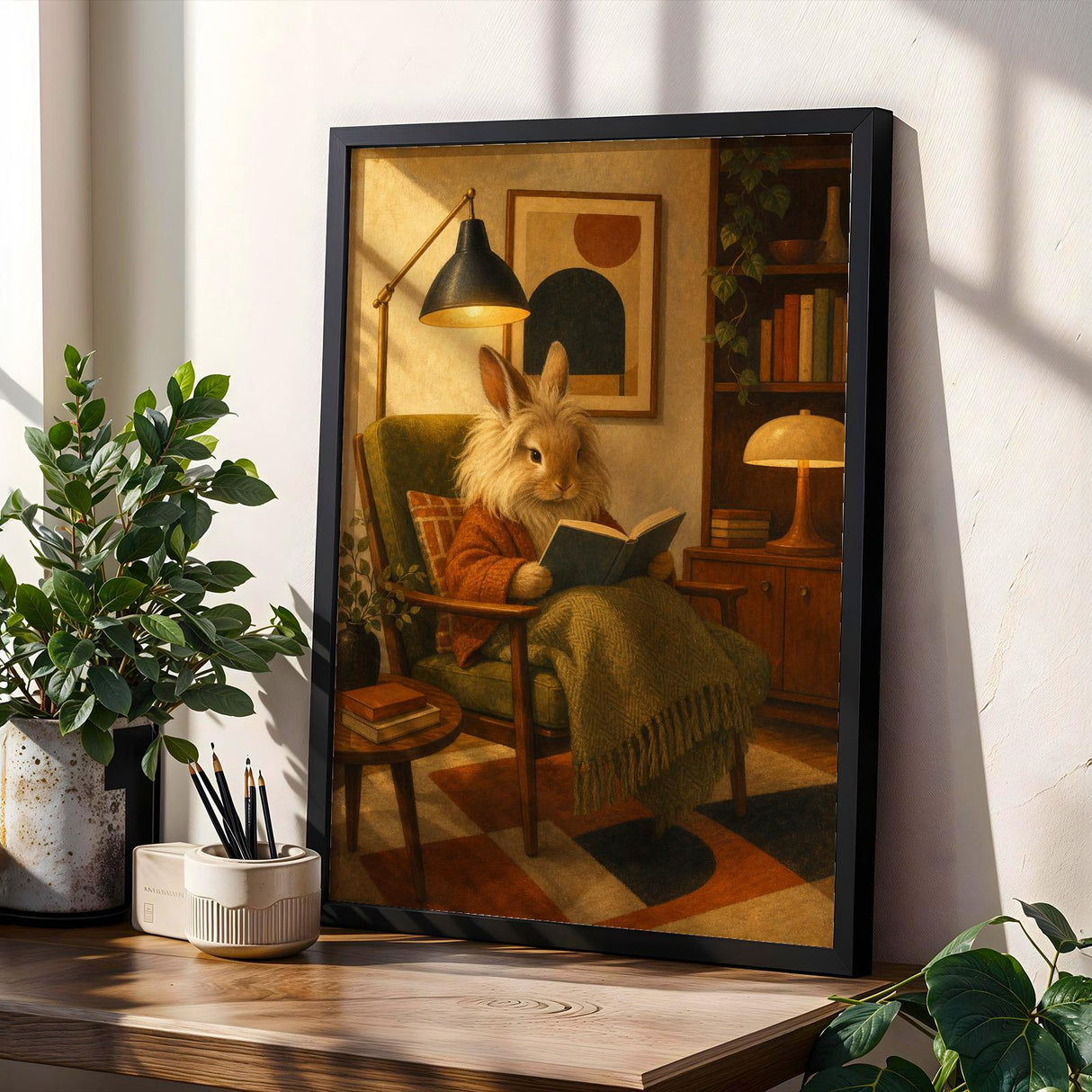 Lionhead Rabbit Reading in Armchair Poster | Retro Painterly Bunny Wall Art | Burnt Orange Warm Cream Decor | Cozy Mid Century Bedroom Print