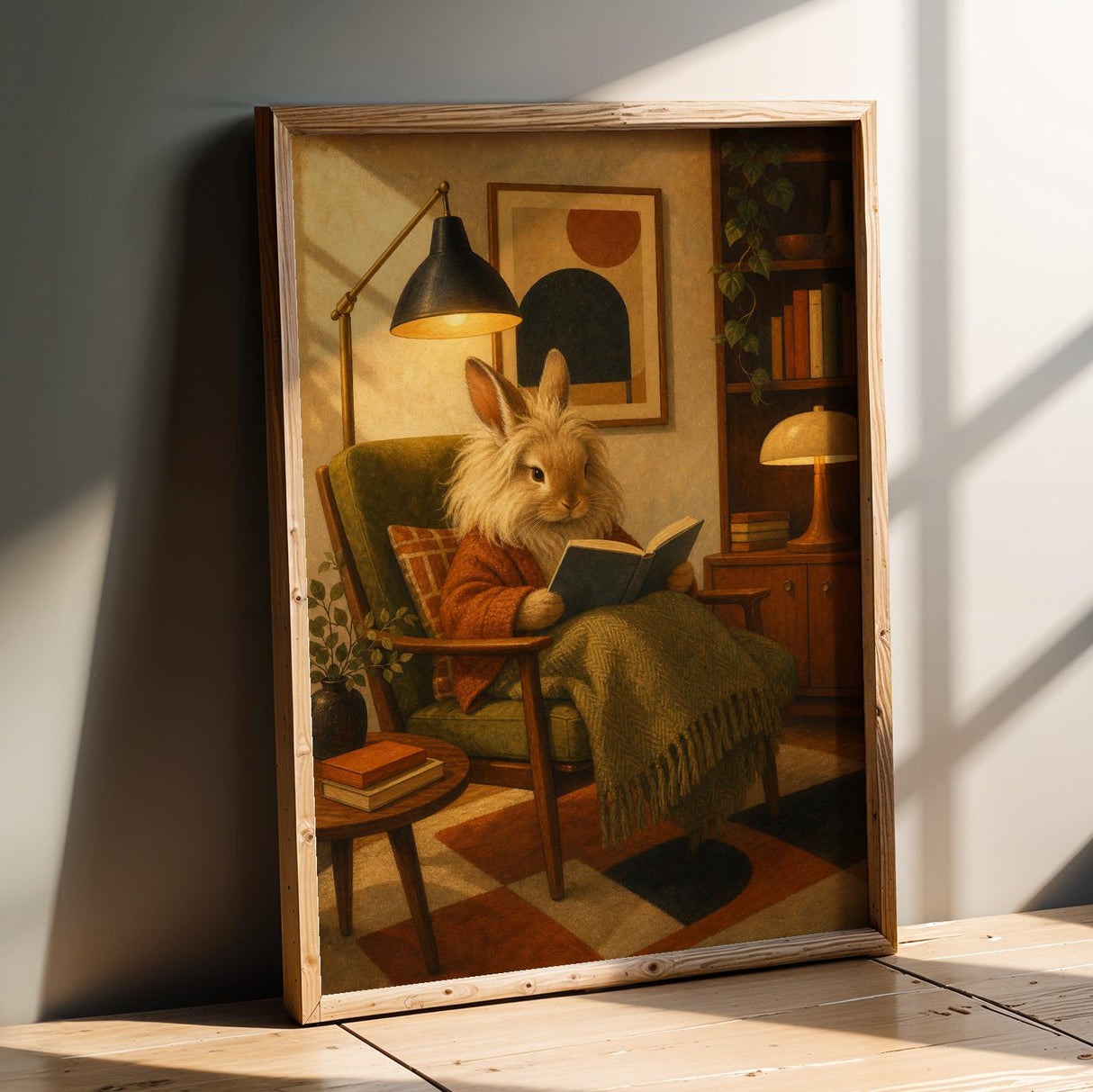 Lionhead Rabbit Reading in Armchair Poster | Retro Painterly Bunny Wall Art | Burnt Orange Warm Cream Decor | Cozy Mid Century Bedroom Print