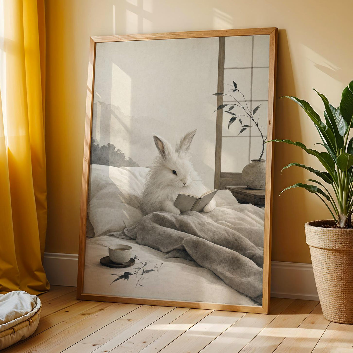 Angora Rabbit Reading in Bed Poster | Japanese Zen Ink Wash Bunny Wall Art | Warm Ivory Fog Gray Decor | Minimalist Bedroom Print