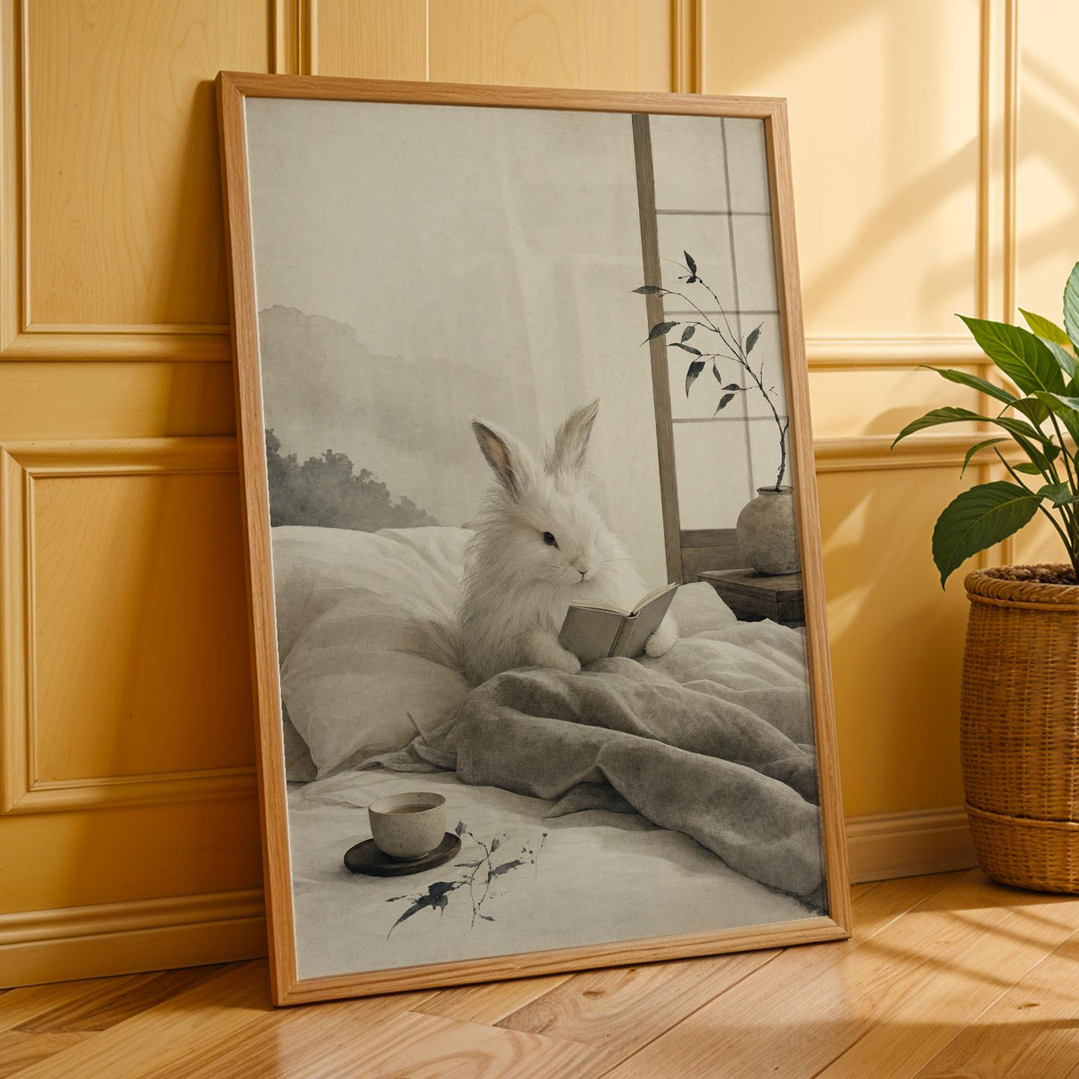 Angora Rabbit Reading in Bed Poster | Japanese Zen Ink Wash Bunny Wall Art | Warm Ivory Fog Gray Decor | Minimalist Bedroom Print