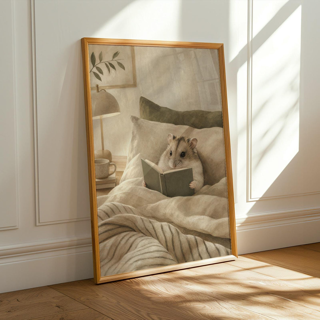 Russian Dwarf Hamster Reading in Bed Poster | Modern Gouache Hamster Wall Art | Warm Beige Oat Milk Decor | Cozy Minimalist Bedroom Print