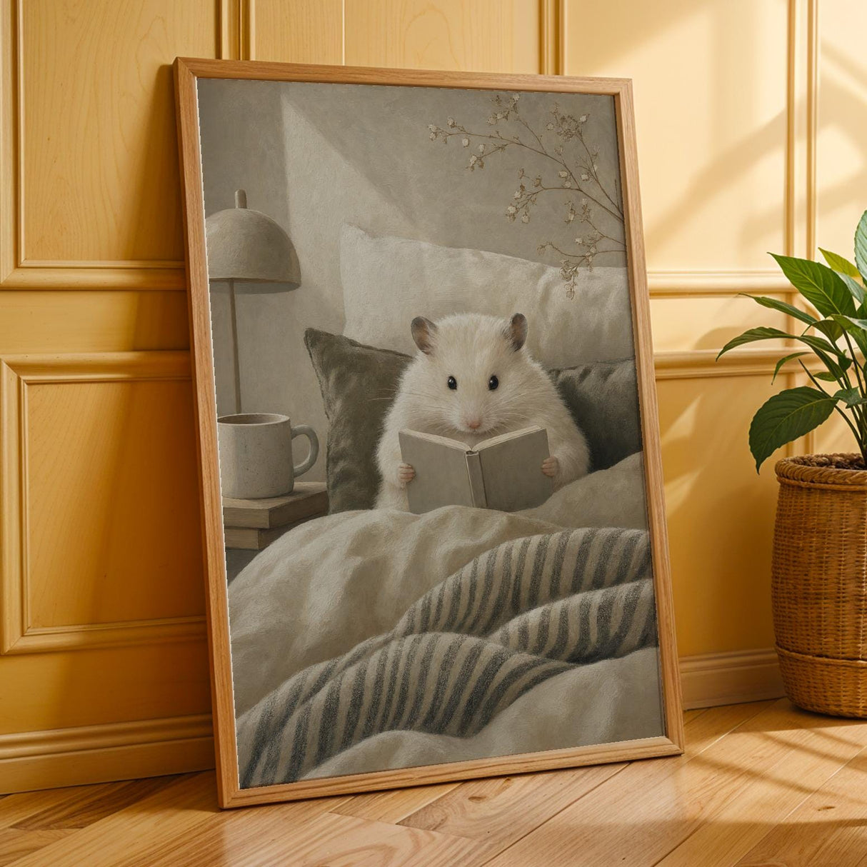 Winter White Hamster Reading in Bed Poster | Modern Gouache Hamster Wall Art | Warm Beige Soft Ivory Decor | Cozy Minimalist Bedroom Print