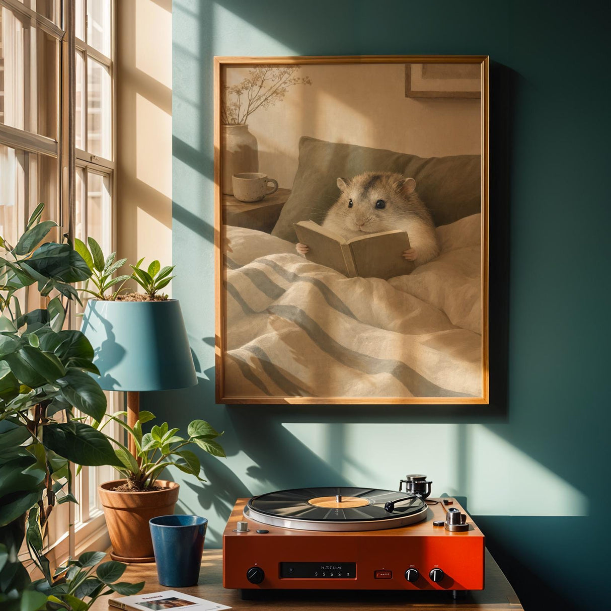 Campbell’s Dwarf Hamster Reading in Bed Poster | Nordic Gouache Hamster Wall Art | Warm Beige Oat Milk Decor | Cozy Minimalist Bedroom Print