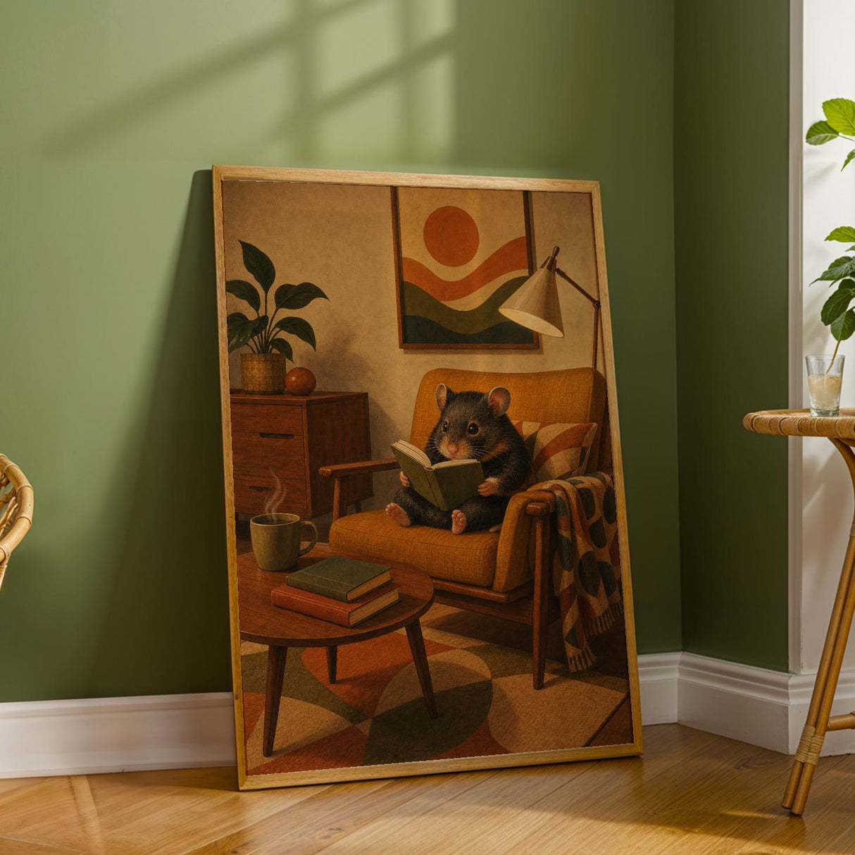 Hamster Reading in Armchair Poster | Retro Painterly Hamster Wall Art | Walnut Brown Burnt Orange Decor | Cozy Mid Century Living Room Print