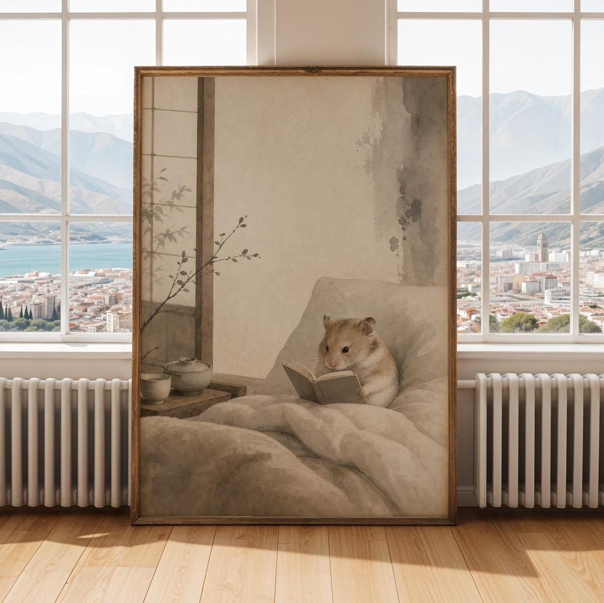 Chinese Hamster Reading in Bed Poster | Japanese Zen Ink Wash Hamster Wall Art | Warm Ivory Fog Gray Decor | Minimalist Bedroom Print