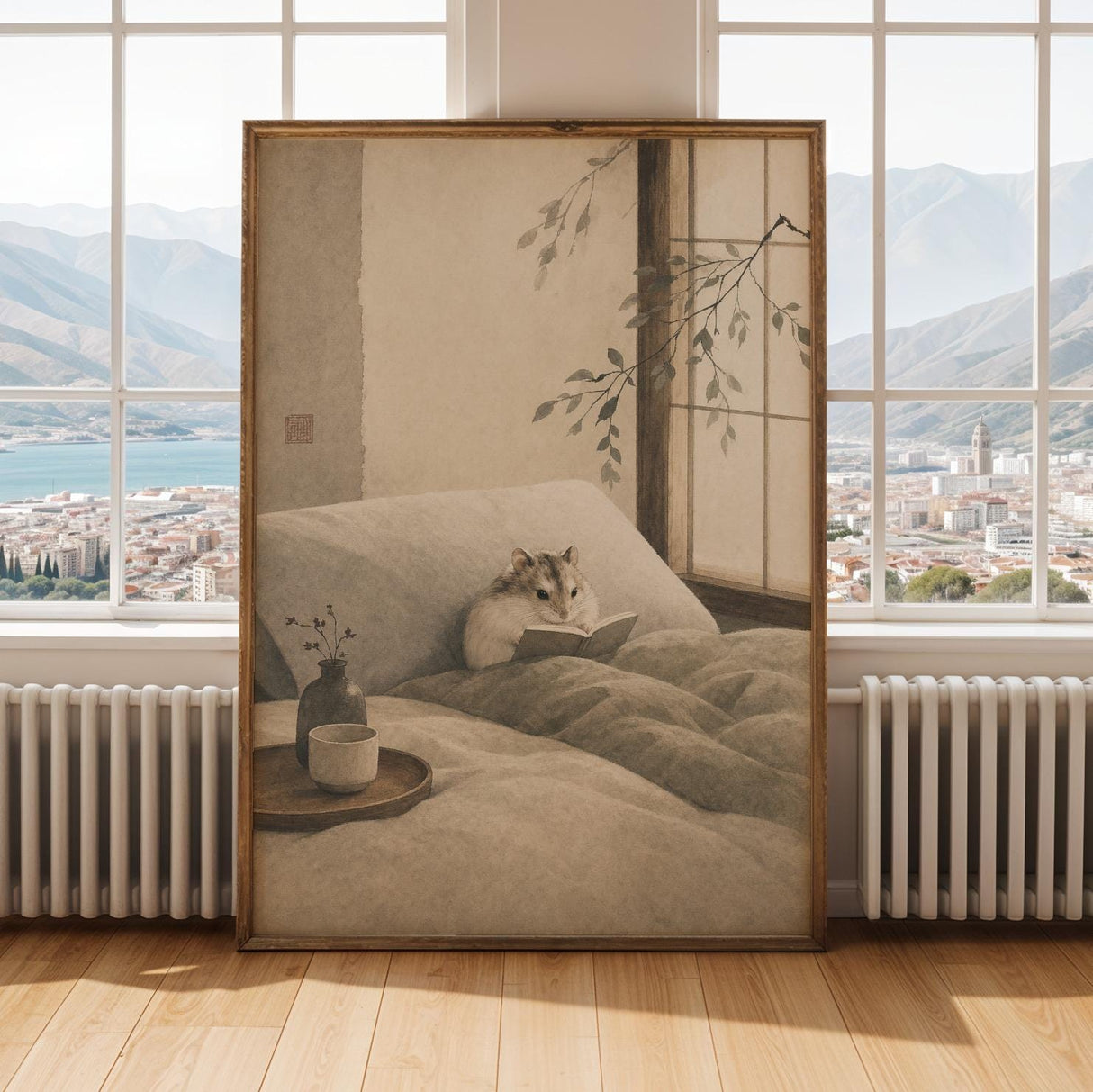 Hamster Reading Book Poster | Japanese Zen Sumi-e Ink Wash Wall Art | Warm Ivory Fog Gray Decor | Minimalist Bedroom Print