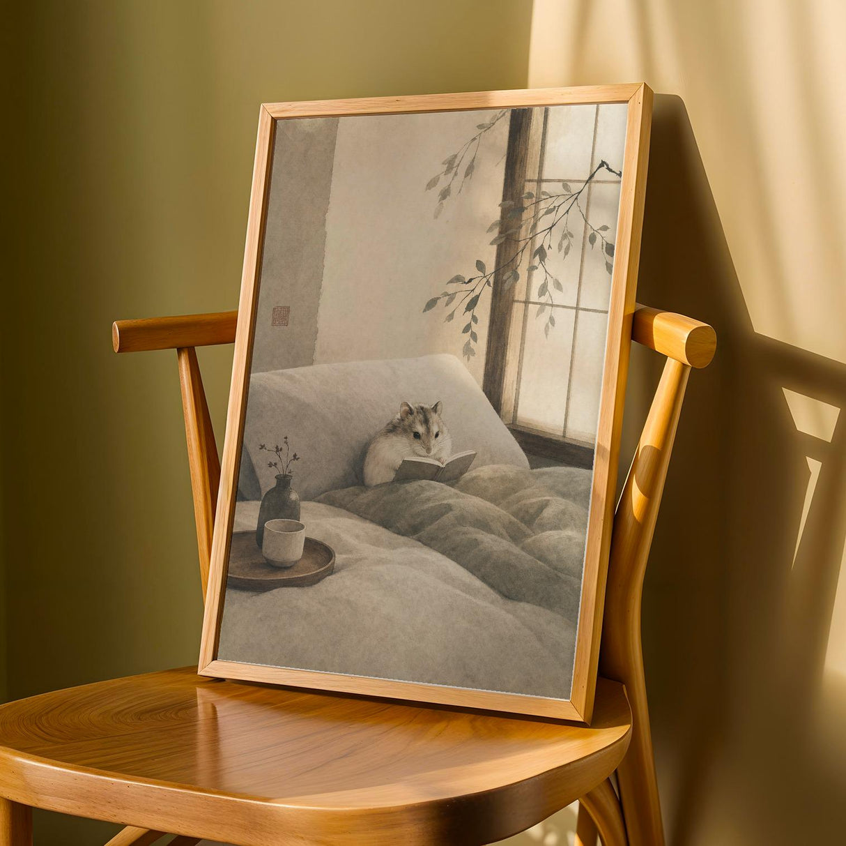 Hamster Reading Book Poster | Japanese Zen Sumi-e Ink Wash Wall Art | Warm Ivory Fog Gray Decor | Minimalist Bedroom Print