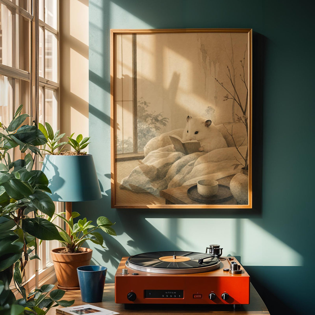 White Syrian Hamster Reading in Bed Poster | Japanese Zen Sumi-e Hamster Wall Art | Warm Ivory Fog Gray Decor | Minimalist Bedroom Print