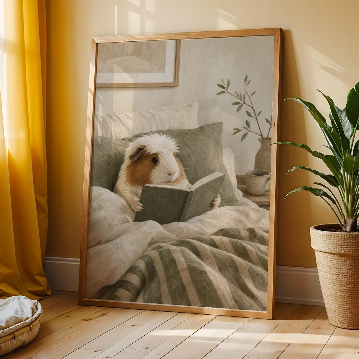 White Crested Guinea Pig Reading in Bed Poster | Nordic Gouache Guinea Pig Wall Art | Warm Neutral Bedroom Decor | Cozy Nook Print